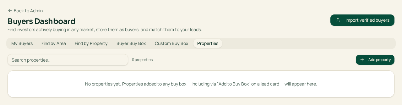 Current Buyers Dashboard Properties workspace with property search and add property controls