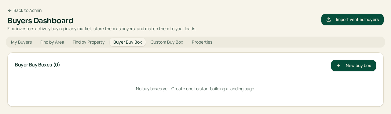 Current Buyers Dashboard Buyer Buy Box workspace with controls to create a new buy box