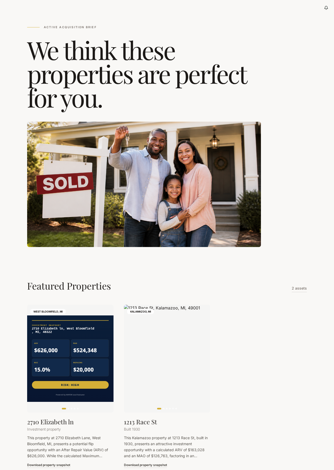 Buy Box landing page in editorial Architectural style with featured properties and investment snapshot cards