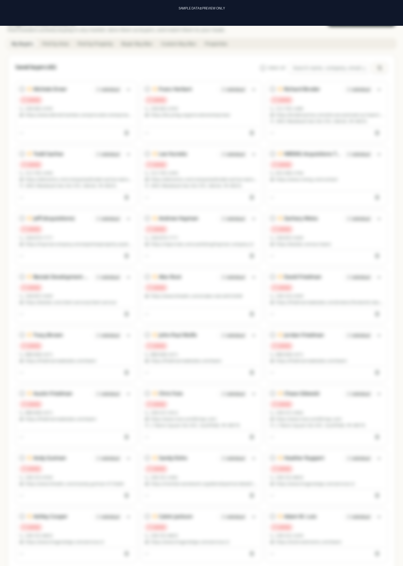 My Buyers tab showing saved verified investors with contact info and dates added
