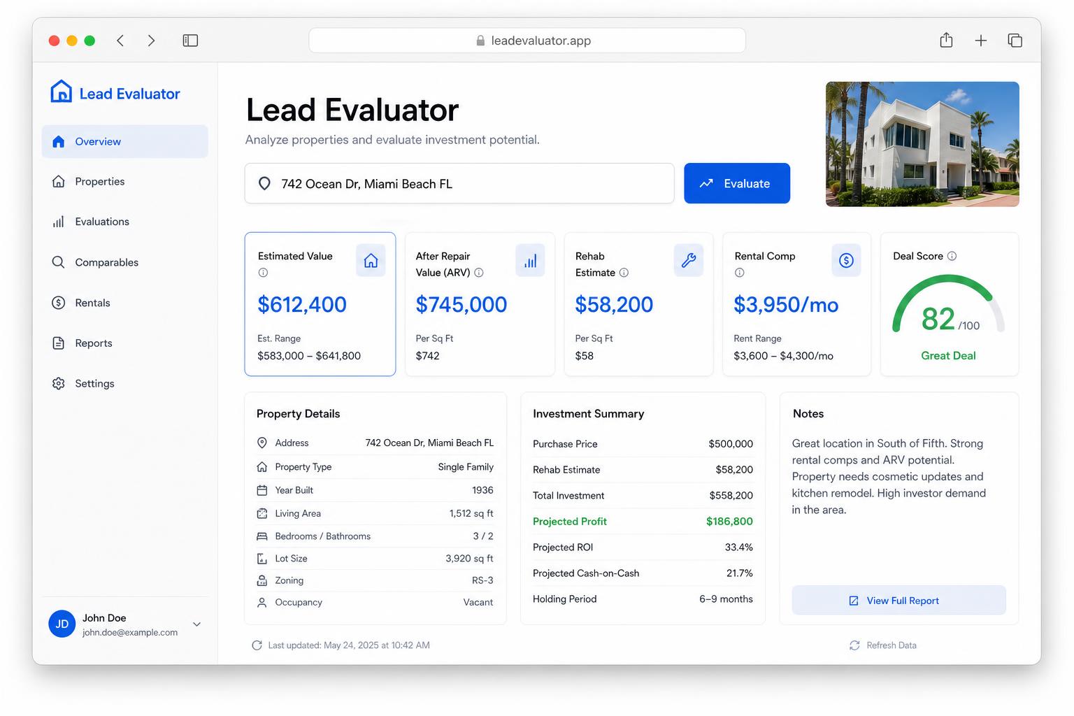 Screenshot of the Lead Evaluator dashboard showing ARV, rehab and rental comps