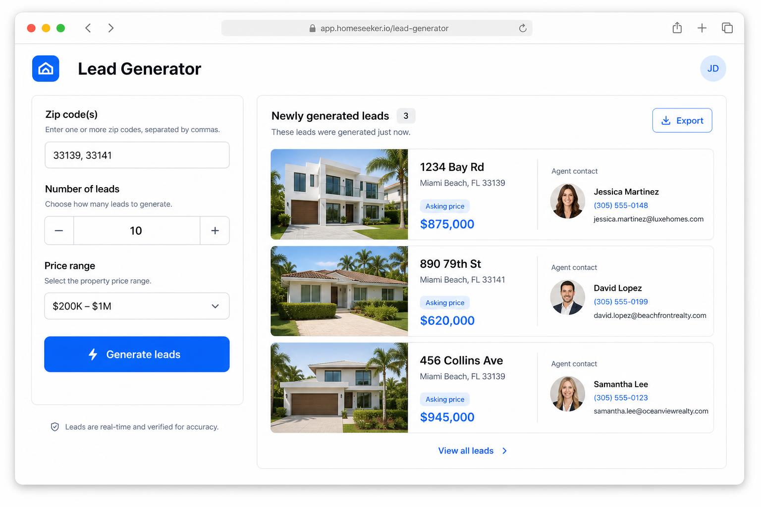 Screenshot of the Lead Generator tool with zip code search and generated property results
