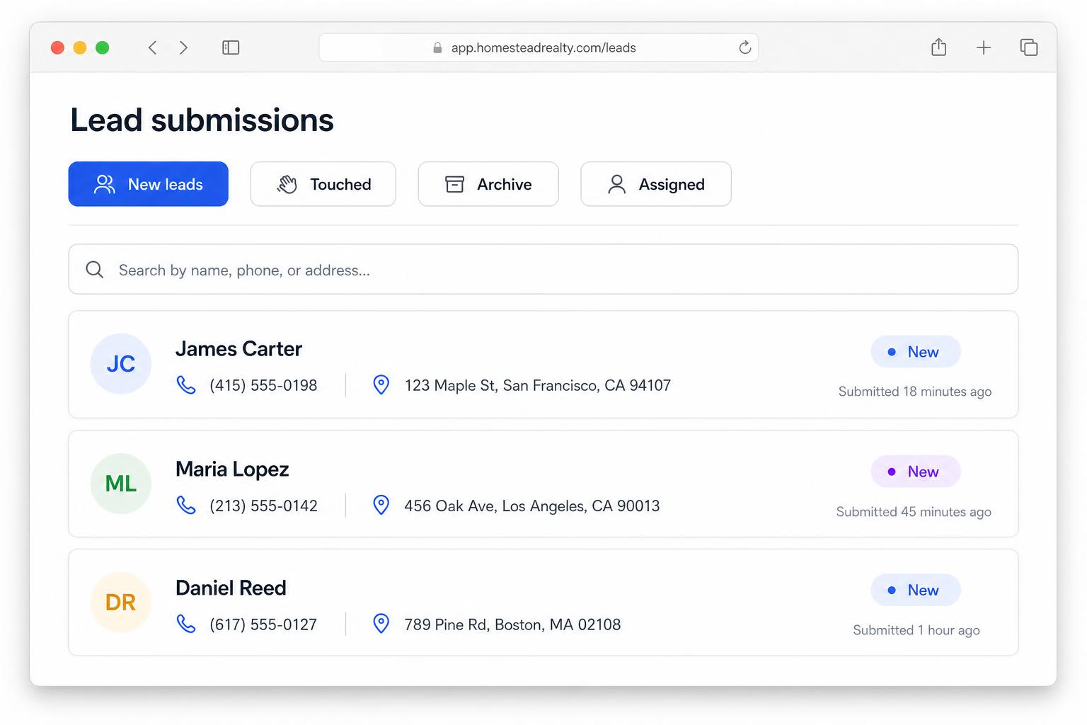 Screenshot of the Lead Submissions dashboard with New, Touched, Archive and Assigned tabs